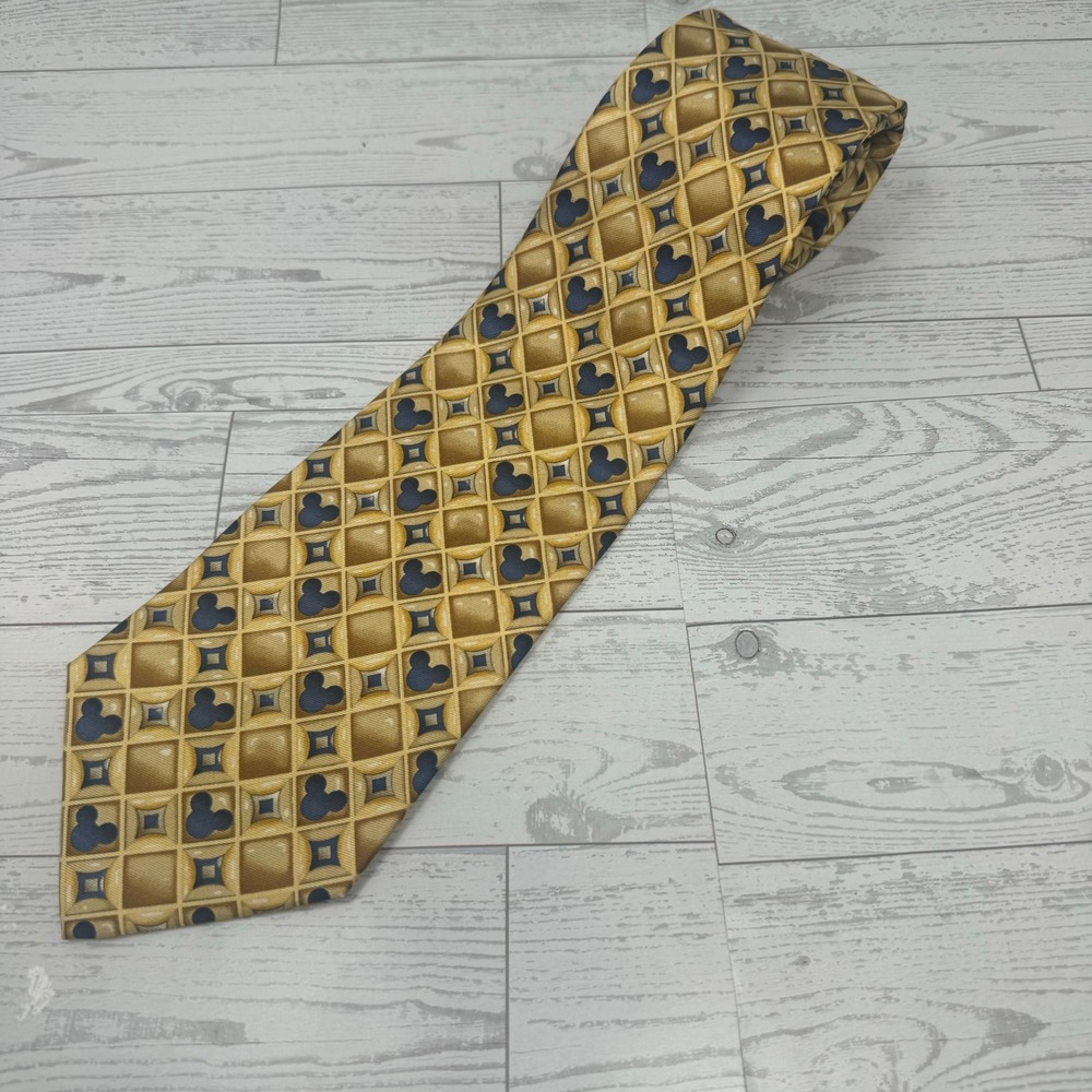 Disney Mickey Mouse Waffle Pattern Silk‎ Tie Gold Navy Blue Walt Disney World